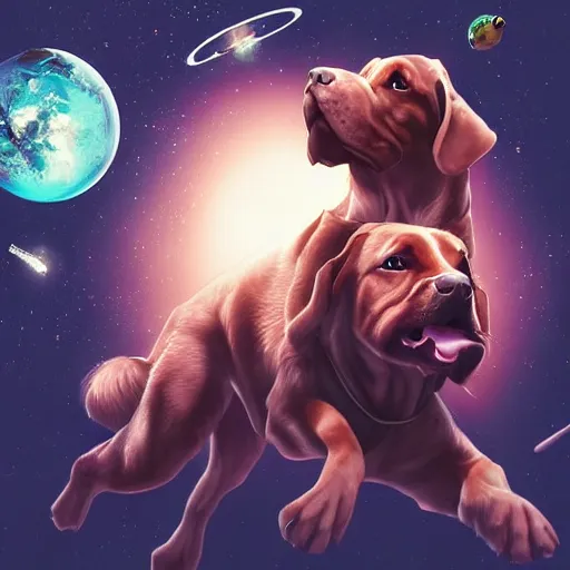 Image similar to dogs in space, digital art, trending on artstation, cinematic