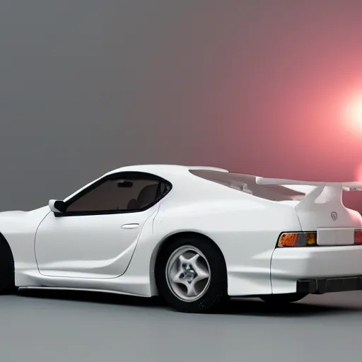 Image similar to a white 1 9 9 4 toyota supra from the future, epic lighting, octane render, trending on art station