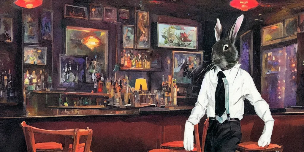 Prompt: a biped rabbit wearing a tie sits on a barstool at the bar of a 4 0 s jazz club, warm color palette, night time, dramatic lighting, noir film, character sheet, fine details, high contrast, blacksad, kim jung gi, greg rutkowski, trending on artstation, 8 k, front view, back view, ultra wide angle