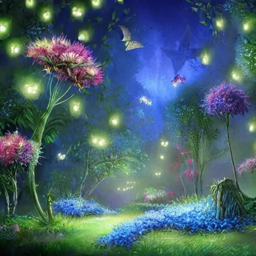 Prompt: beautiful _ digital _ matte cinematic _ painting _ of _ whimsical _ botanical _ illustration _ blue _ flowers _ fireflies _ enchanted _ dark _ background _ whimsical _ scene _ b _ - h 7 6 8