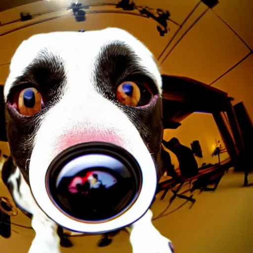 Image similar to Selfie of a dog, first-person view, fisheye lens!!!!!!, photorealistic imagery, trending on artstation, 4k, 8k