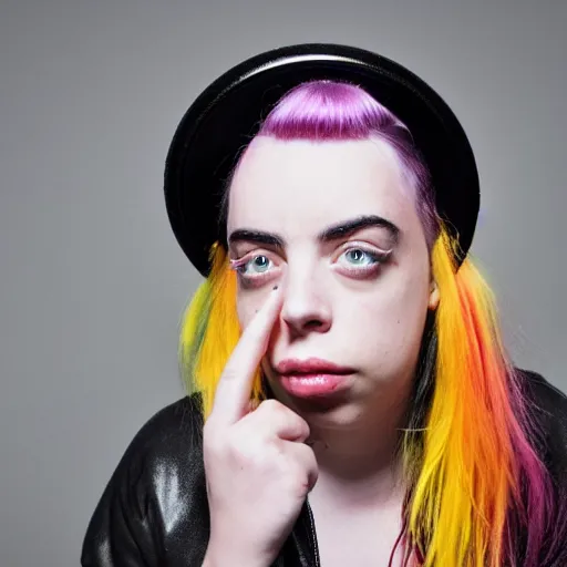 Image similar to crazy billie eilish with a pan on her head