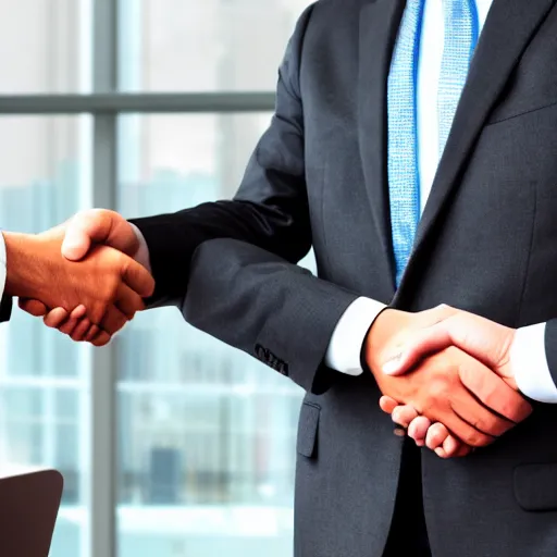 Image similar to Two businessmen part of a megacorp are shaking hands in a very professional manner