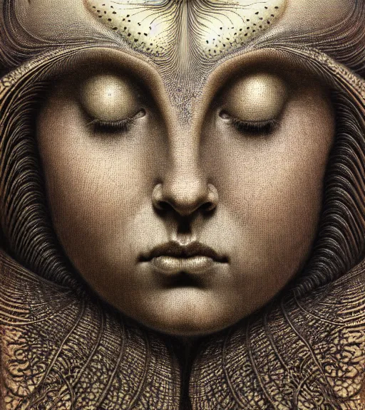 Prompt: detailed realistic beautiful patina goddess face portrait by jean delville, gustave dore, iris van herpen and marco mazzoni, art forms of nature by ernst haeckel, art nouveau, symbolist, visionary, gothic, neo - gothic, pre - raphaelite, fractal lace, intricate alien botanicals, biodiversity, surreality, hyperdetailed ultrasharp octane render