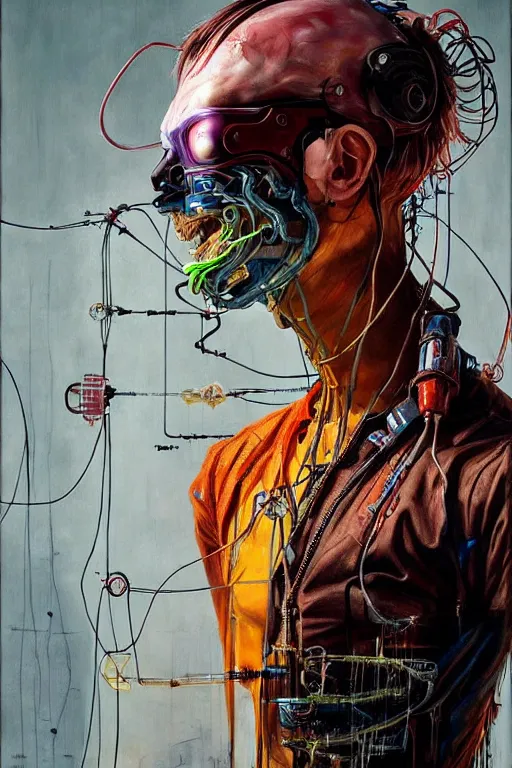 Prompt: cameron monaghan as a cyberpunk hacker, wires cybernetic implants, by esao andrews, jenny saville, james jean, dark art