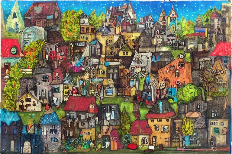 Image similar to a small fantasy town, mixed media on canvas, 2 d, whimsical,