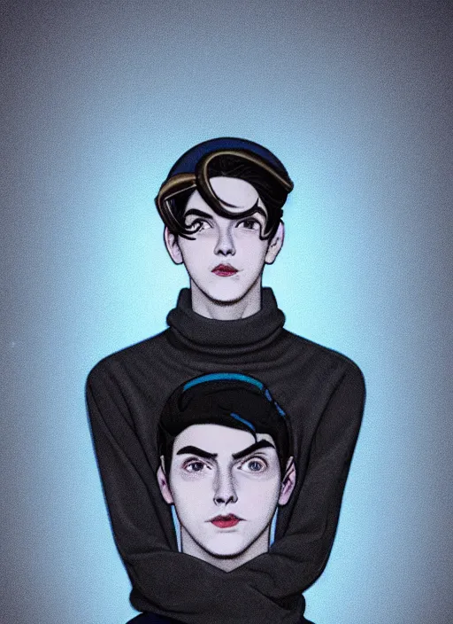 Image similar to portrait of teenage jughead jones wearing a light grey crown, crown, blue turtleneck, 1 9 5 0 s, closed eyes, photorealistic, black hair, glowing lighting, intricate, elegant, glowing lights, highly detailed, digital painting, artstation, concept art, smooth, sharp focus, illustration, art by wlop, mars ravelo and greg rutkowski