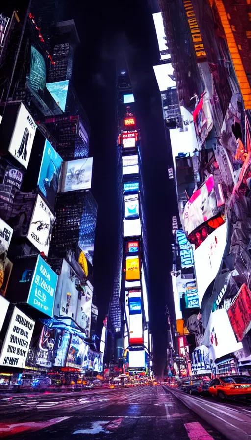 Image similar to 8k high resolution photograph of cyber punk New York Times Square on a foggy night, futuristic, wires hanging