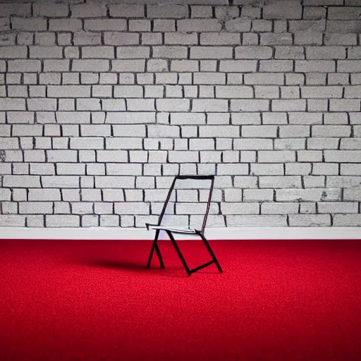 Prompt: a red carpet floor. a chair sits off to one side. the chair has wires extending offscreen.