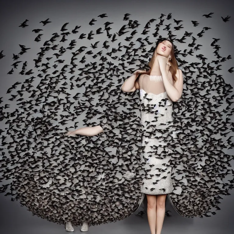 Image similar to “a beautiful woman in a dress made of pigeons, high fashion, concept fashion, studio lighting, nyc, 8k, 4k”