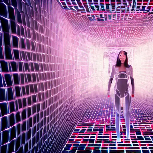 Image similar to chromatic cyborg female discovering her own consciousness in a mirror maze (Unreal Engine, 3D, Reflections, Glossy, Hyer-Realistic, Futuristic, Noise, Gradient)