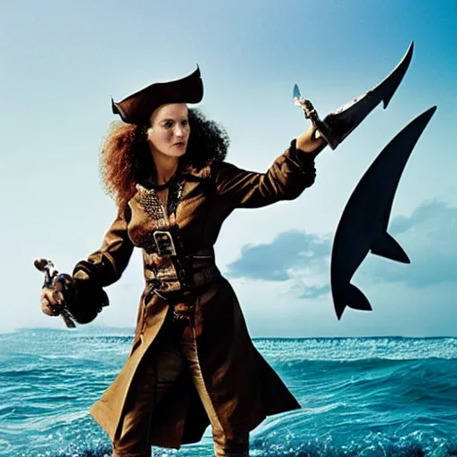 Prompt: a Swashbuckling pirate wearing her best shark skin, photo by annie Leibowitz