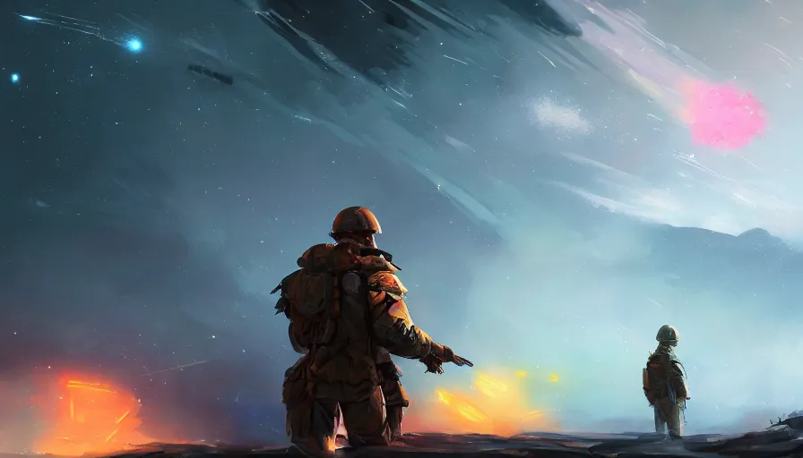 Prompt: concept art by jama jurabaev, a soldier watching meteor rain, cinematic shot, trending on artstation, high quality, brush stroke, hyperspace, vibrant colors, blackhole