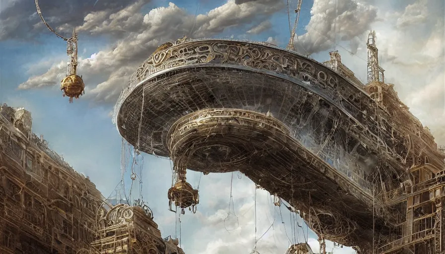 Image similar to an inflated stainless steel chrome gondola in the clouds, people are hanging by steel cables. Oil rigs in the sky. Intricate technical drawing. Digital art. Mammatus clouds. Ornate, brilliant, utopian, detailed, Golden ratio, solarpunk technology by Lebbeus Woods and Craig Mullins