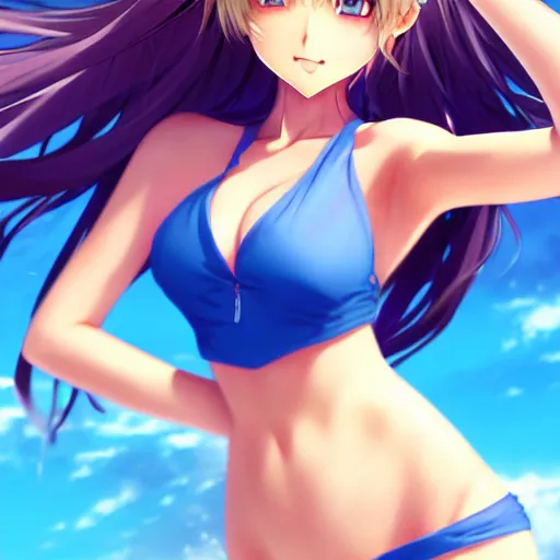 Prompt: a very beautiful anime cute girl, full body, long wavy blond hair, sky blue eyes, full round face, short smile, bikini, miniskirt, front view, medium shot, mid-shot, highly detailed, cinematic wallpaper by Stanley Artgerm Lau