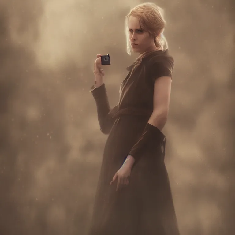 Image similar to cute annie leonhart holding taking a photo of luke skywalker wallpaper, beautiful face, pale skin, rule of thirds, cinematic lighting, rainy weather, melancholy atmosphere, volumetric light, realistic reflections, sharp focus, backlit, model agency, instagram photo, shot on iphone 1 3 pro max, hyper realistic,