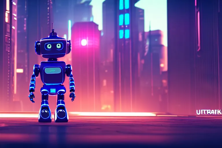 Image similar to a cute little robot in at cyberpunk city. super realistic 8 k render of a elegant, cinematic composition