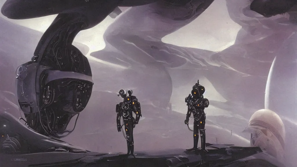 Image similar to futuristic organic spacesuit design by john schoenherr and jim burns, epic cinematic matte painting