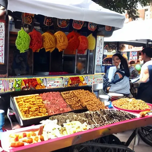 Prompt: Shakira selling street food stall