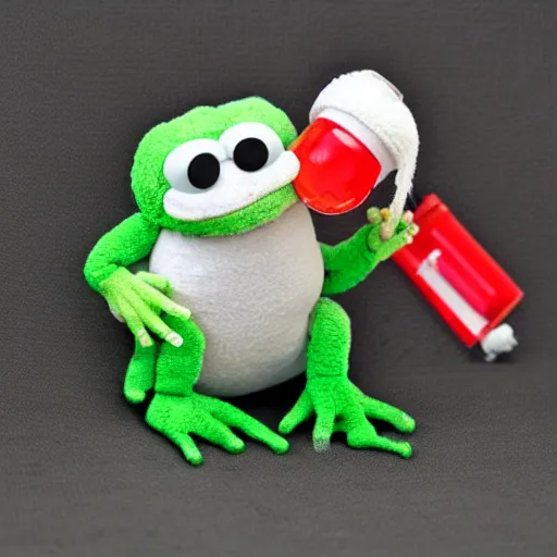 Image similar to frog cleric as an albino chibi muppet plush made entirely from transparent egg white sheer fabric wearing red and green overalls and carrying a tiny sketch book and pencil, photorealistic, photography, national geographic, sesame street