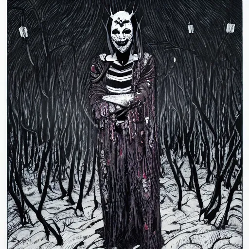 Prompt: Full-body detailed print of man wearing corpse paint and a crown on thorns with long black hair, tears of blood. Wide angle shot at night. Artwork by Junji Ito and dan Mumford