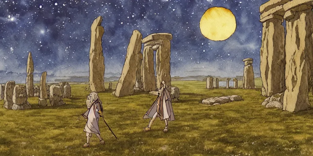 Image similar to a hyperrealist studio ghibli watercolor fantasy concept art of a giant medieval monk and a small grey alien in stonehenge with a starry sky in the background. a giant gold ufo is floating in the air. by rebecca guay, michael kaluta, charles vess