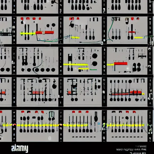 Prompt: electronic musician plays modular synthesizers, dada graphic, minimal, poster