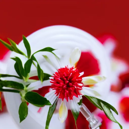 Prompt: perfume bottle sitting on a white surface surrounded by a plethora of red and white and peach flowers, bright white realistic, up close shot, white background, zen, light, modern minimalist f 2 0 blurry background