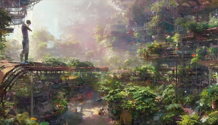 Prompt: craig mullins and ghibli digital illustration tall vertical farms, hydroponics, solarpunk, colorful, unreal engine, hyper realism, realistic shading, cinematic composition, realistic render, octane render, detailed textures, photorealistic, wide shot