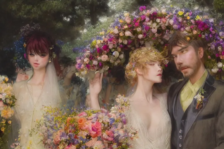 Image similar to the groom look at the bride at a wedding full of flowers, bright and happy, dreamlike art, highly detail, 4 k realistic, wedding photoy krenz cushart, artem demura, yoji shinkawa artgerm, jon lothian, danilo torres. adi meyers. thomas reimann. gaston bussiere.