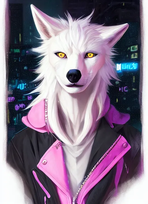 Image similar to award winning beautiful portrait commission of a male furry anthro albino wolf fursona with a tail and a cute beautiful attractive detailed furry face wearing stylish black, pink and blue cyberpunk biker clothes in a cyberpunk city at night while it rains. Character design by charlie bowater, ross tran, artgerm, and makoto shinkai, detailed, inked, western comic book art