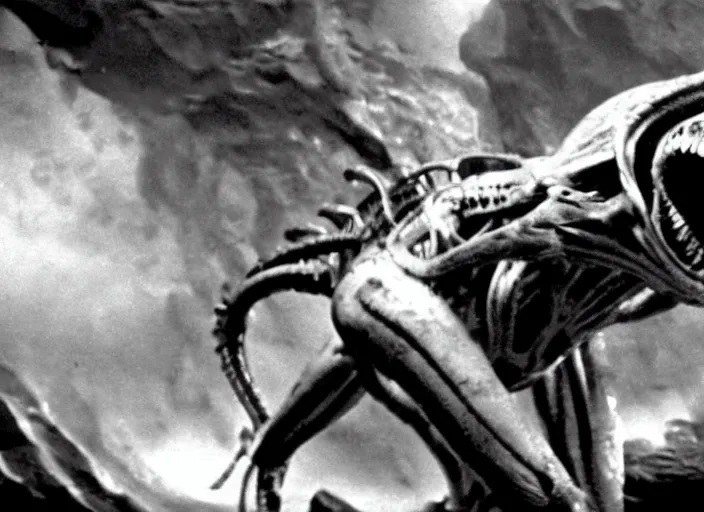 Prompt: Xenomorph in a still from the movie Destroy All Monsters (1968), high quality