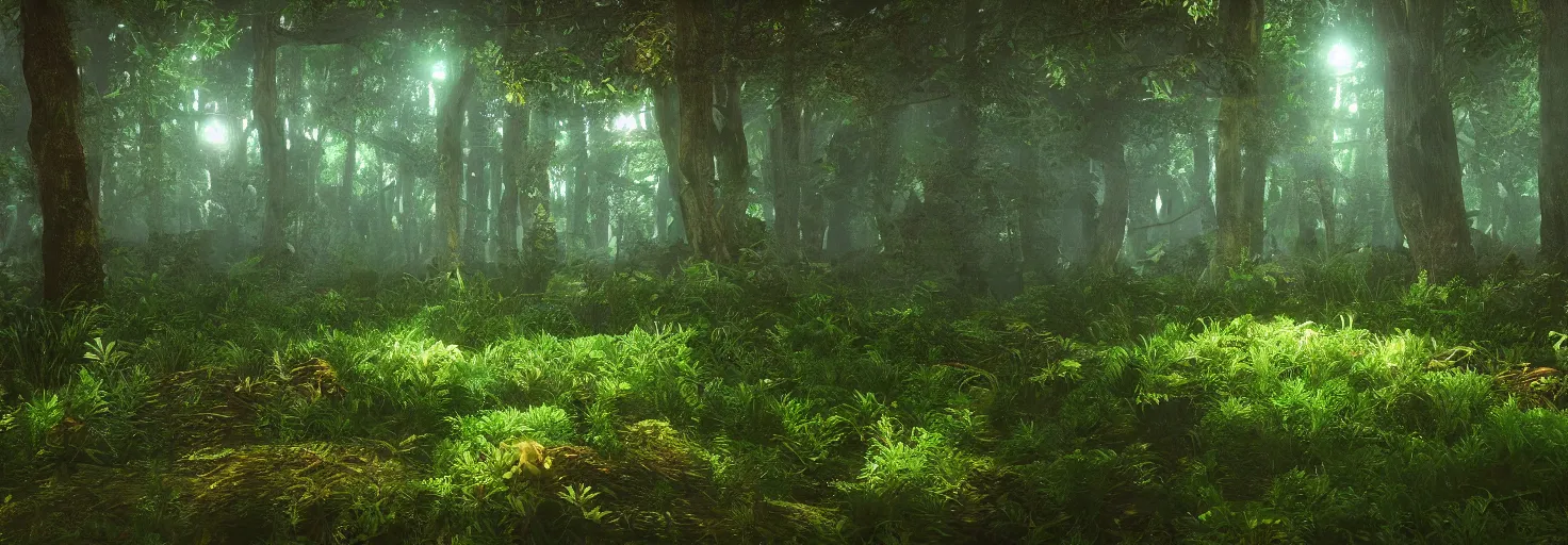 Image similar to a forest with glowing plants, wide shot, cinematic, ultra realistic, ultra detailed