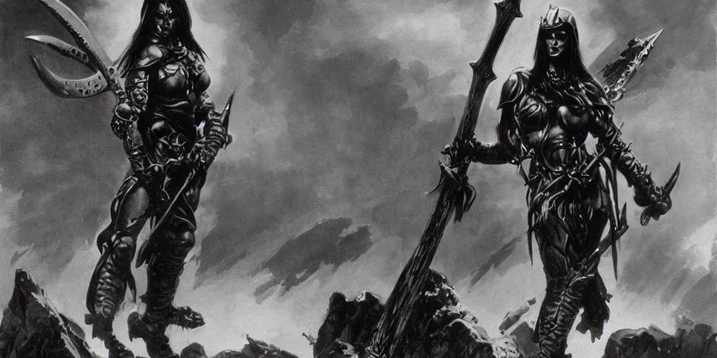 Image similar to female death dealer warrior, angel, by frank frazetta, wield large sharp metal double axe, full armor with ornaments made of black obsidian, standing on a hill at dark forest, cloudy dark sky, post-apocalyptic hellscape, hyperdetailed, photorealistic