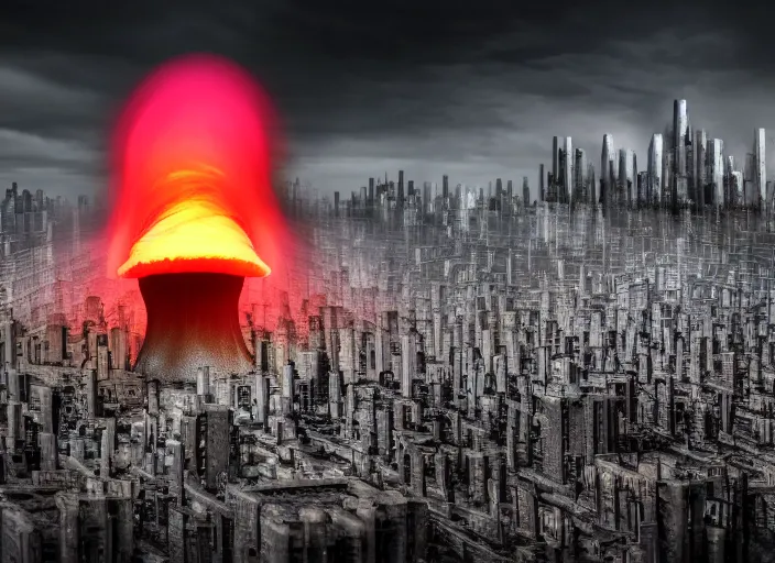 Image similar to nuclear mushroom cloud in the city . Horror dystopia style. Highly detailed 8k. Intricate. Nikon d850 300mm. Award winning photography.