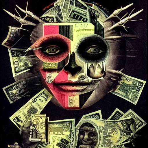 Image similar to post - punk new age album cover, asymmetrical design, dollar bank notes, capitalism, magic, apocalypse, psychedelic, black white, with a bit of colour, magic, giger h. r., giuseppe arcimboldo, peder aalto