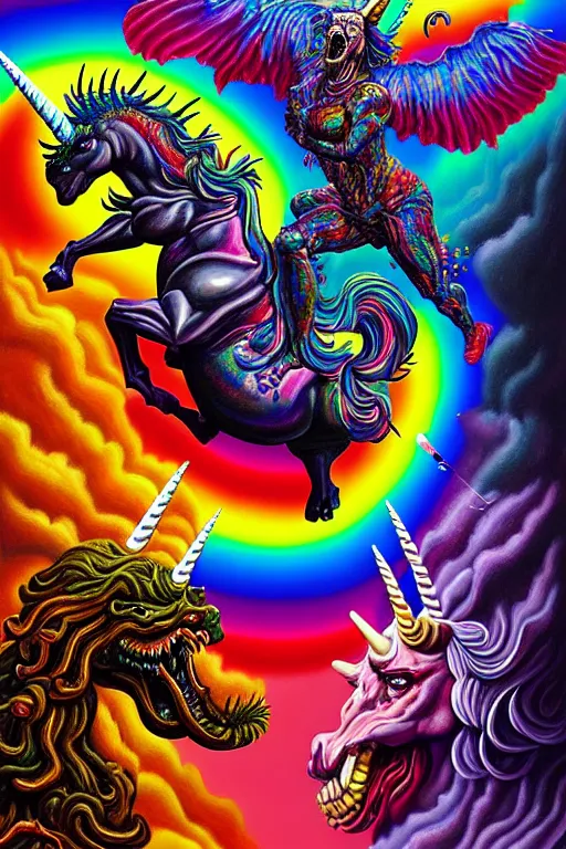 Image similar to a hyperrealistic painting of an epic boss fight against a rainbow shaded unicorn vs an ornate supreme dark overlord, cinematic horror by chris cunningham, lisa frank, richard corben, highly detailed, vivid color,