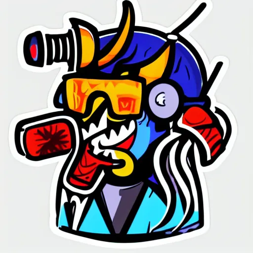 Prompt: svg vector sticker of, demon painting, rocking out, wearing headphones, huge speakers, dancing, rave, DJ, spinning records, digital art, amazing composition, rule-of-thirds, award-winning, trending on artstation, featured on deviantart