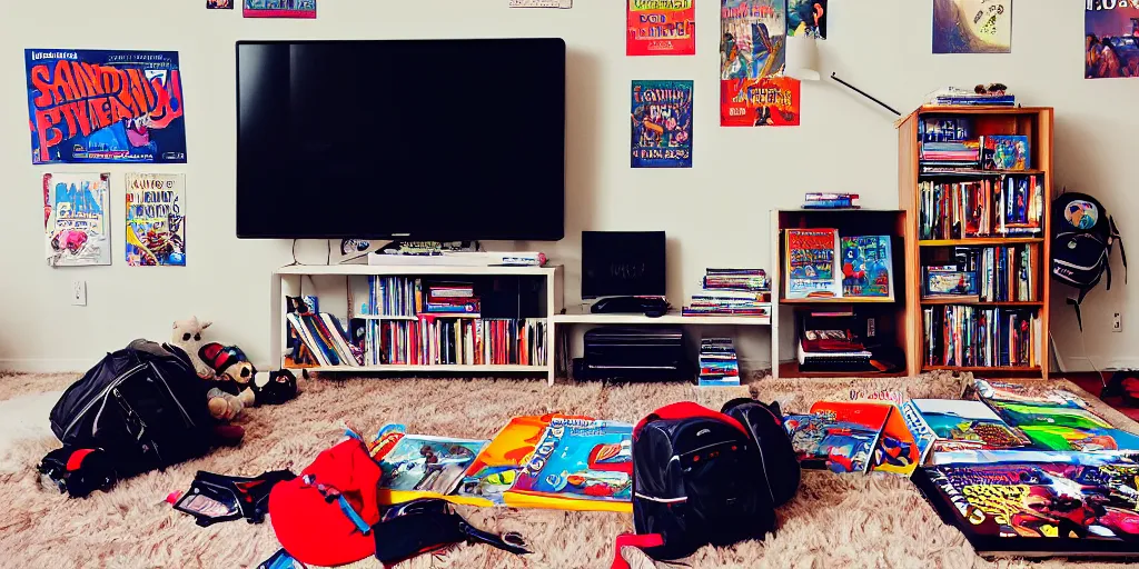 Prompt: insanely detailed wide angle photograph, top down, 9 0 s bedroom, movie posters, homework, box tv, books, backpack, two kids on the floor playing nintendo
