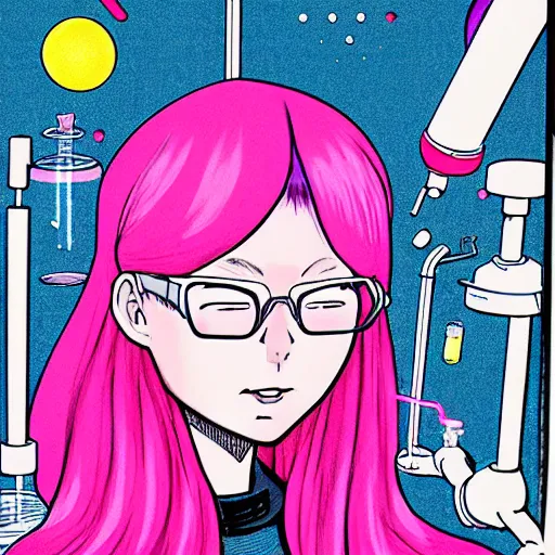 Prompt: realistic dark retro pulp sci - fi colored manga illustration of princess bubblegum by junji ito, with pink hair made of bubblegum, confident scientist performing experiments in her lab