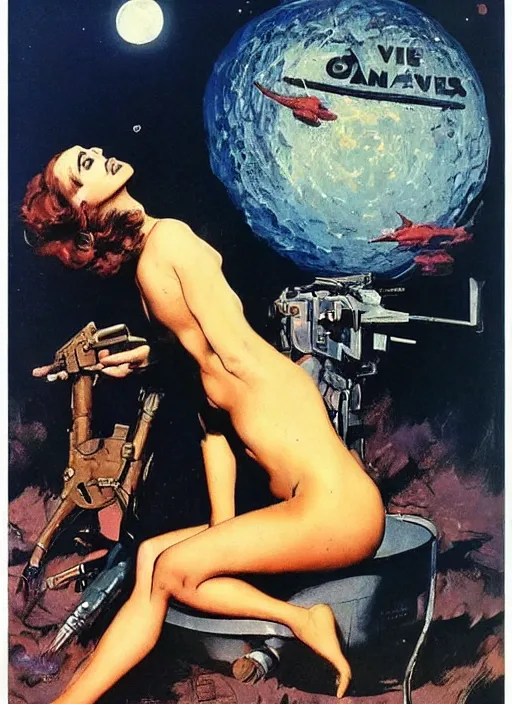 Prompt: the woman from venus starring anna de armas, vintage scifi poster art by john alvin, river mcginnis, norman rockwell, frank frazetta and drew struzan, trending on pinterest, beautiful, lovely