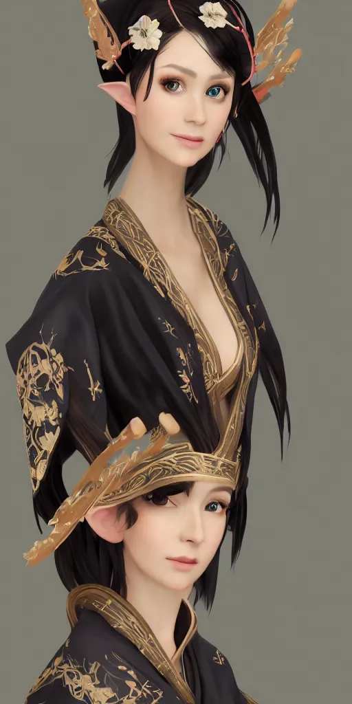 Prompt: beautiful gorgeous elf woman in dress mix of kimono and european colonial dress mediaval, ardeco, octan render, stylized in blizzard style, black hair, concept artstation, front camera view