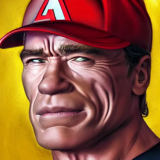 Image similar to arnold schwarzenegger as mario, looking into the camera, detailed, centered, digital painting, artstation, concept art, donato giancola, joseph christian leyendecker, wlop, boris vallejo, breathtaking, 8 k resolution, extremely detailed, beautiful, establishing shot, artistic, hyperrealistic, beautiful face, octane render, cinematic lighting, dramatic lighting, masterpiece