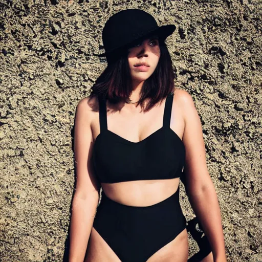 Prompt: photorealistic instagram high detail photo of a well developed goth girl with brunette hair and bangs wearing a black 2 - piece swimsuit, fishnets, and a large black gothic sunhat at the beach style 4 k