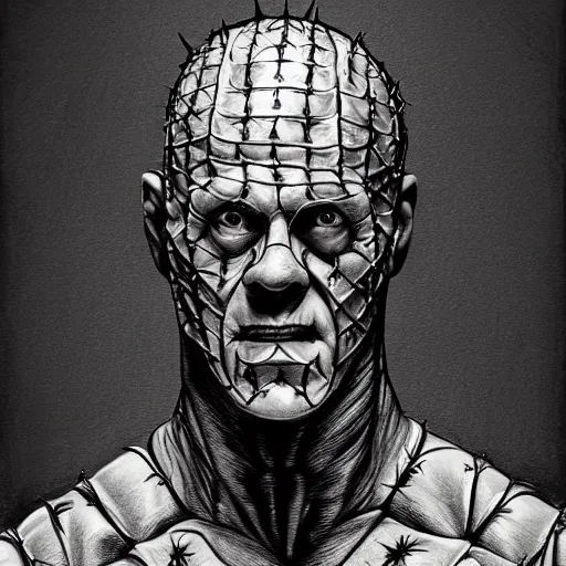 Image similar to drawing of john cena as pinhead from hellraiser, pencil drawing, ultra realistic, intricate details, black and white, hd, 8 k, artstation