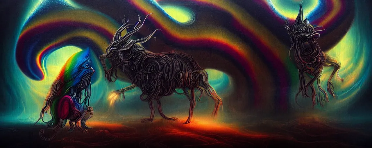 Image similar to whimsical bifrost alchemical creatures, surreal dark uncanny painting by ronny khalil