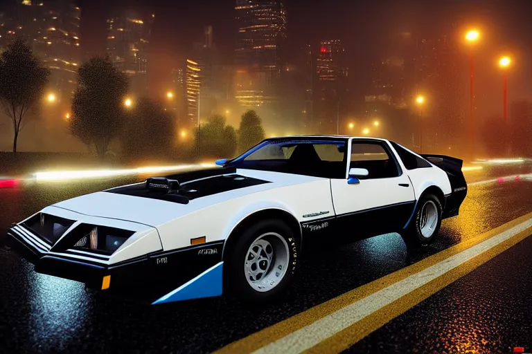 Image similar to hyperdetailed, photorealistic photograph of a 1 9 8 2 pontiac firebird trans - am drifting in the streets, rain, night, dense fog, hd, unreal engine 5 by greg rutowski, by stanley artgerm, by alphonse mucha