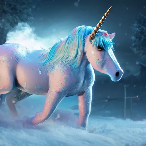 Prompt: a iridescent unicorn licking its wounded leg the snow, trail of blood follows behind it, glowing toxic smog in the sky, ultra realistic, concept art, intricate details, highly detailed, photorealistic, octane render, 8 k, style of mary jackson