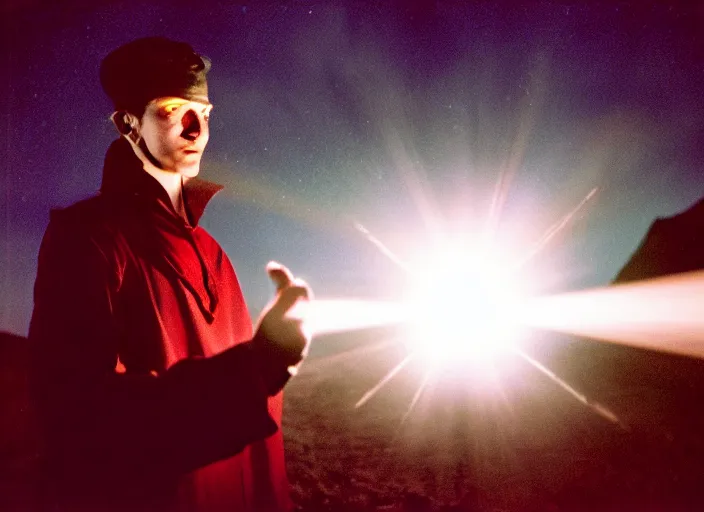 Prompt: a very good looking and dramatic sorcerer holds out their hand from which a blast of bright magic flies, on an empty moonlit hill, dramatic lighting, lens flare, 3 5 mm full frame professional photography, kodachrome