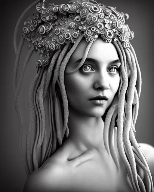 Image similar to surreal mythical dreamy underwater artistic black and white 3 d render of a translucent beautiful young female angelic - medusa - vegetal - doll, highly detailed, intricate crystal ivy jelly ornate, poetic, translucent algae ornate, digital art, octane render, 8 k artistic photography, photo - realistic, hg giger flora borsi